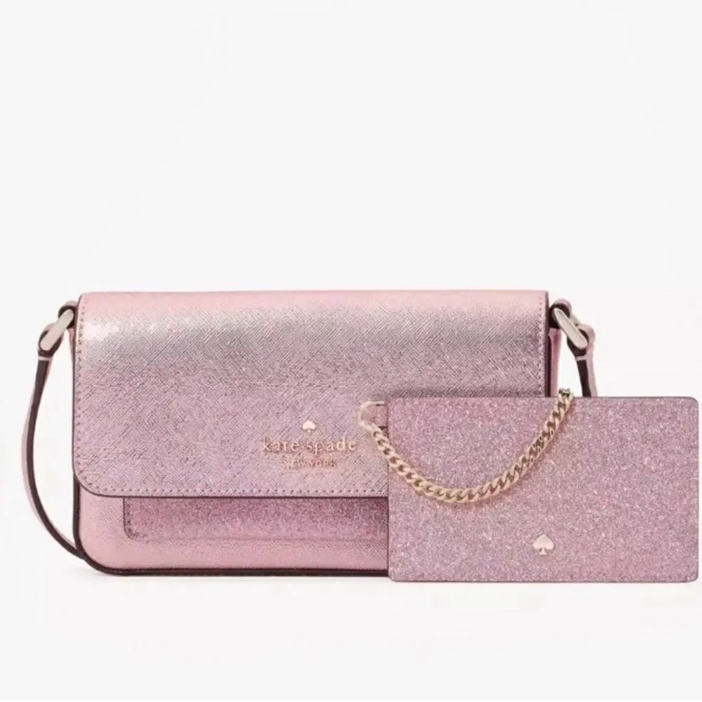 Kate Spade Glimmer Glitter Crossbody Duo Card Holder Bag Purse Mitten Pink